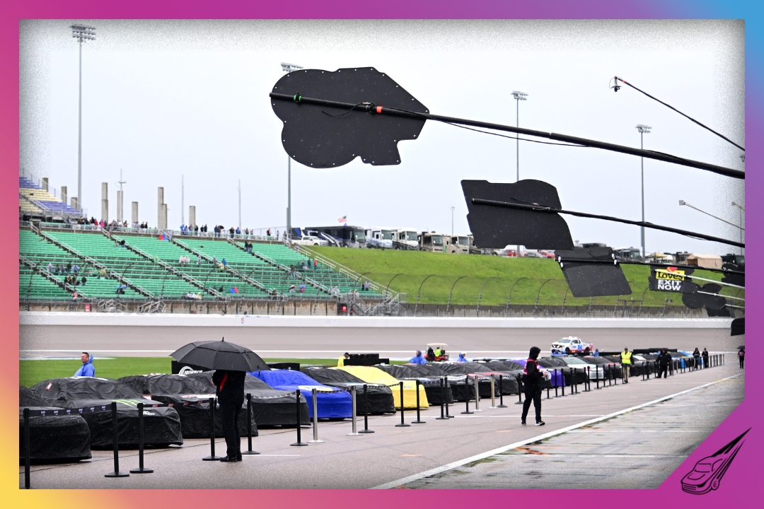 KANSAS CITY, KANSAS - MAY 05: A general view of cars covered and parked, due to weather on the grid prior to the NASCAR Cup Series AdventHealth 400 at Kansas Speedway on May 05, 2024 in Kansas City, Kansas. (Photo by Logan Riely/Getty Images)