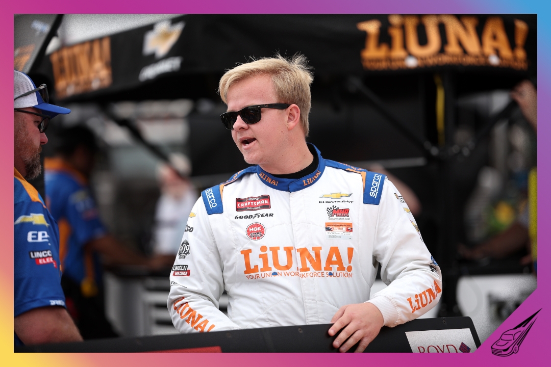 ROCKINGHAM, NORTH CAROLINA - APRIL 03: Tyler Ankrum, driver of the #18 LiUNA! Chevrolet, speaks to a crew member during practice for the NASCAR Craftsman Truck Series Black's Tire 200 at Rockingham Speedway on April 03, 2026 in Rockingham, North Carolina. (Photo by James Gilbert/Getty Images)