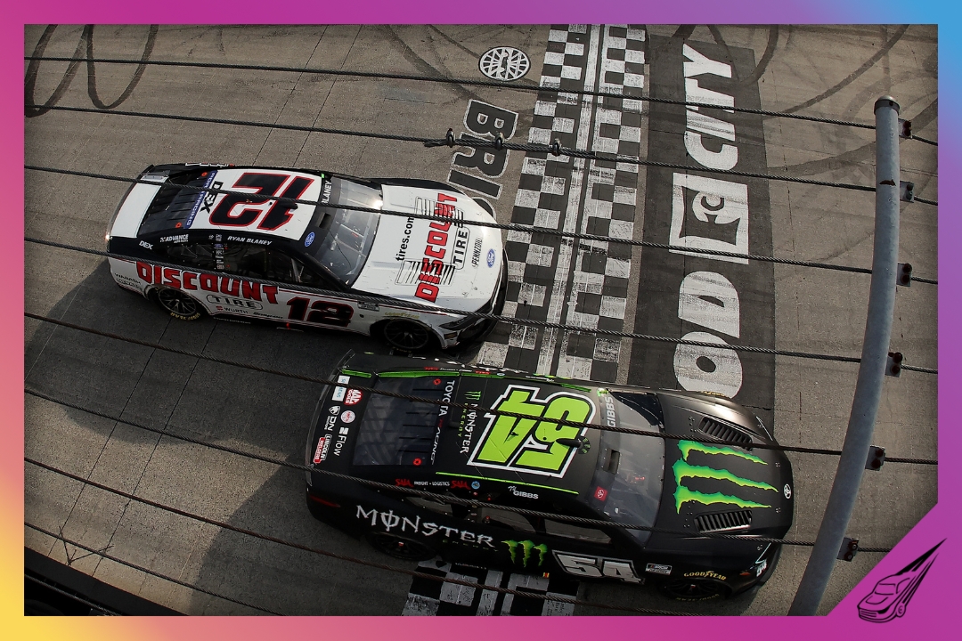 BRISTOL, TENNESSEE - APRIL 12: Ty Gibbs, driver of the #54 Monster Energy Toyota, crosses the finish line ahead of Ryan Blaney, driver of the #12 Discount Tire Ford, to win the NASCAR Cup Series Food City 500 at Bristol Motor Speedway on April 12, 2026 in Bristol, Tennessee. (Photo by Jonathan Bachman/Getty Images)