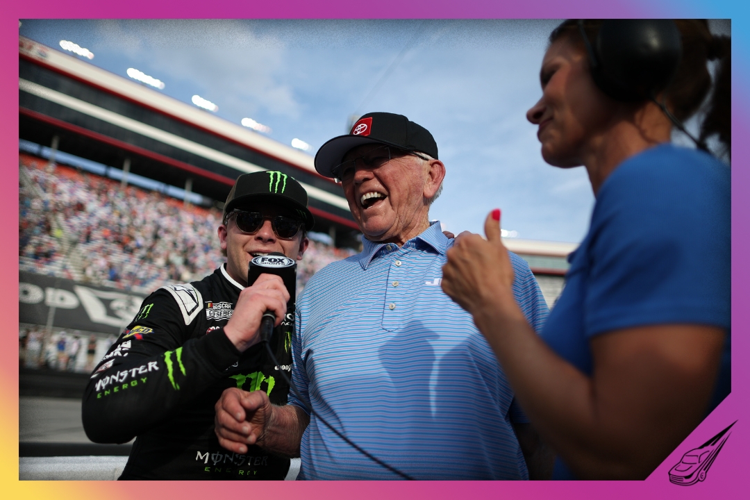 BRISTOL, TENNESSEE - APRIL 12: Ty Gibbs, driver of the #54 Monster Energy Toyota, and NASCAR Hall of Famer and JGR team owner, Joe Gibbs share a laugh during in interview after winning the NASCAR Cup Series Food City 500 at Bristol Motor Speedway on April 12, 2026 in Bristol, Tennessee. (Photo by Chris Graythen/Getty Images)