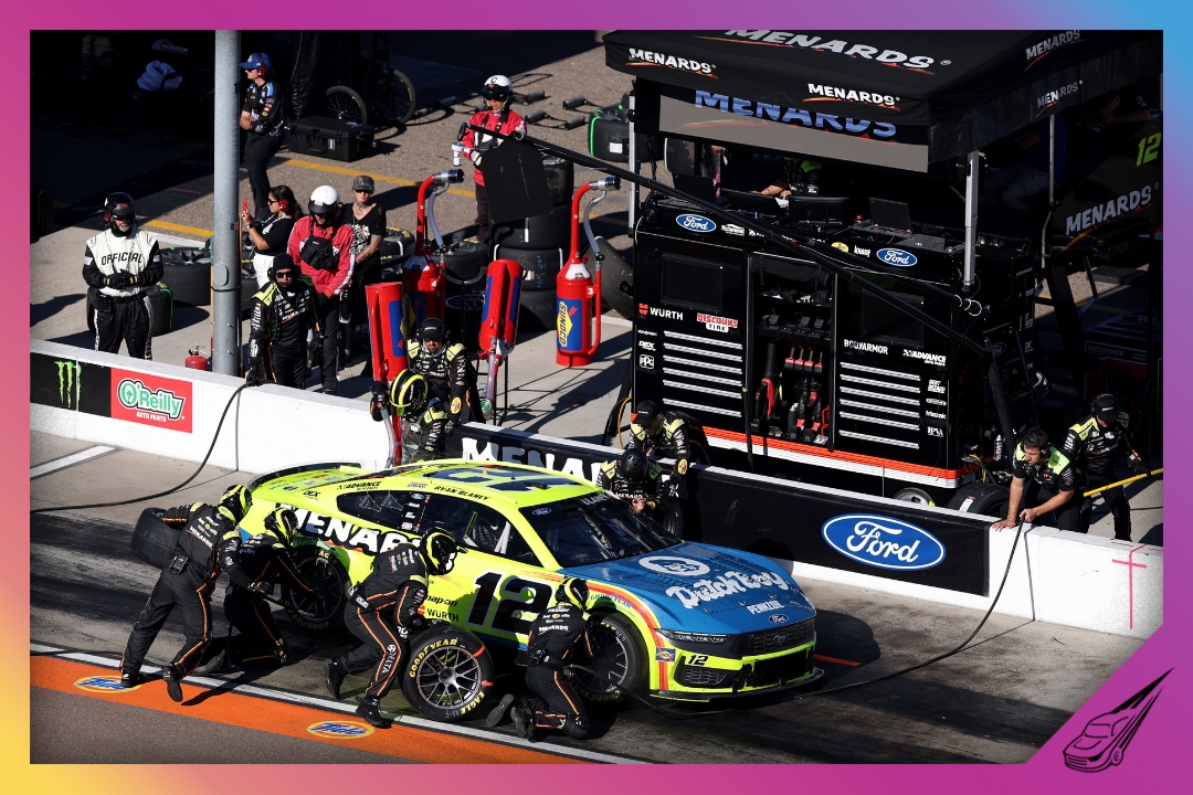 AVONDALE, ARIZONA - NOVEMBER 02: Ryan Blaney, driver of the #12 Menards/Dutch Boy Ford, pits during the NASCAR Cup Series Championship at Phoenix Raceway on November 02, 2025 in Avondale, Arizona. (Photo by Christian Petersen/Getty Images)
