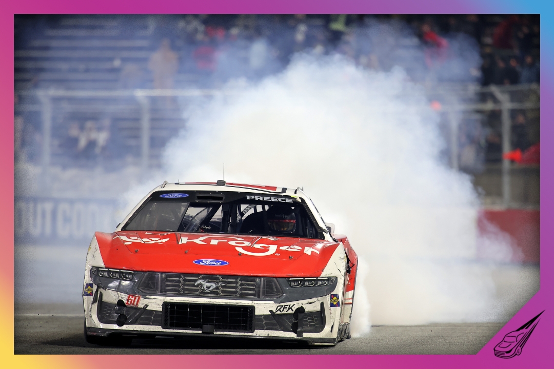 WINSTON SALEM, NORTH CAROLINA - FEBRUARY 04: Ryan Preece, driver of the #60 Kroger/Coca-Cola Ford, celebrates with a burnout after winning the Cook Out Clash at Bowman Gray Stadium at Bowman Gray Stadium on February 04, 2026 in Winston Salem, North Carolina. (Photo by Jonathan Bachman/Getty Images)