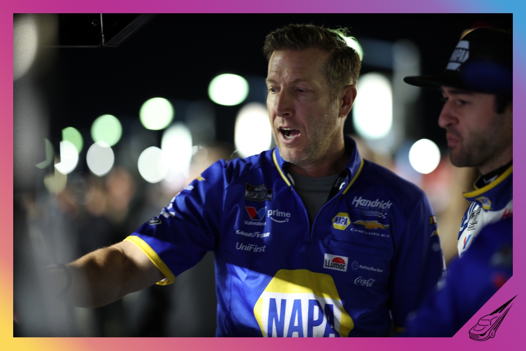 DAYTONA BEACH, FLORIDA - FEBRUARY 11: Crew chief Alan Gustafson (L) and Chase Elliott, driver of the #9 NAPA Auto Parts Chevrolet, talk on the grid during qualifying for the NASCAR Cup Series Daytona 500 at Daytona International Speedway on February 11, 2026 in Daytona Beach, Florida. (Photo by James Gilbert/Getty Images)