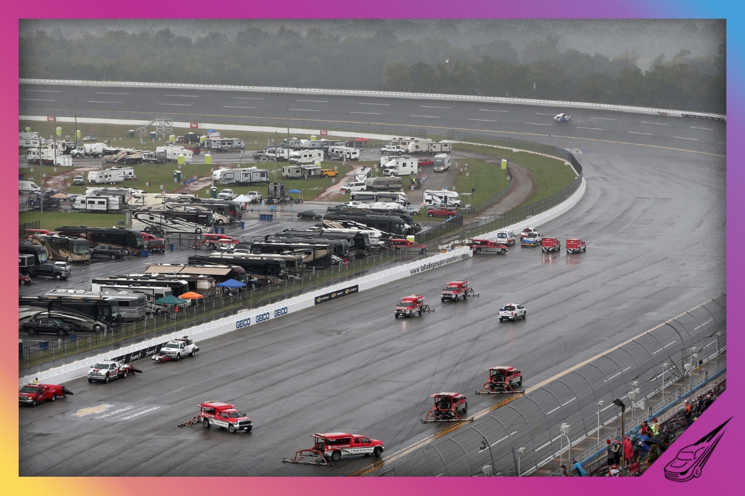 TALLADEGA, ALABAMA - OCTOBER 04: The NASCAR Track Drying Team works to dry the track during a rain delay in the NASCAR Cup Series YellaWood 500 at Talladega Superspeedway on October 04, 2021 in Talladega, Alabama. (Photo by Brian Lawdermilk/Getty Images)
