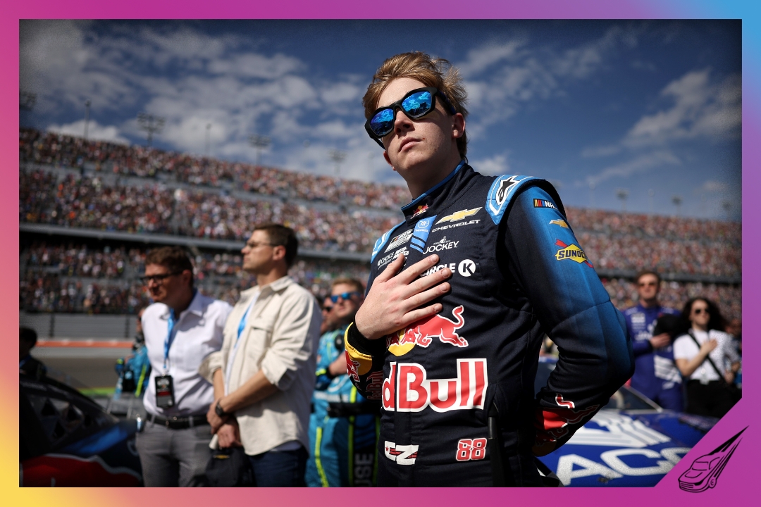 DAYTONA BEACH, FLORIDA - FEBRUARY 15: Connor Zilisch, driver of the #88 Red Bull Chevrolet, stands during the national anthem prior to the NASCAR Cup Series Daytona 500 at Daytona International Speedway on February 15, 2026 in Daytona Beach, Florida. (Photo by James Gilbert/Getty Images)
