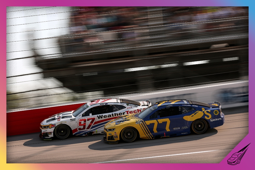 DARLINGTON, SOUTH CAROLINA - MARCH 22: Shane Van Gisbergen, driver of the #97 WeatherTech Chevrolet, and Carson Hocevar, driver of the #77 Chili's Marg Machine Chevrolet, race during the NASCAR Cup Series Goodyear 400 at Darlington Raceway on March 22, 2026 in Darlington, South Carolina. (Photo by David Jensen/Getty Images)