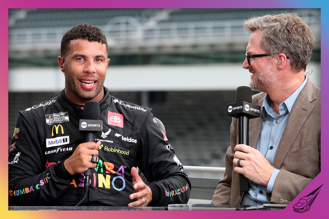INDIANAPOLIS, INDIANA - JULY 27: Bubba Wallace, driver of the #23 Chumba Casino Toyota, is interviewed on the set of NASCAR on TNT Sports by Dale Earnhardt Jr. after winning the winning the NASCAR Cup Series Brickyard 400 Presented by PPG at Indianapolis Motor Speedway on July 27, 2025 in Indianapolis, Indiana. (Photo by Justin Casterline/Getty Images)