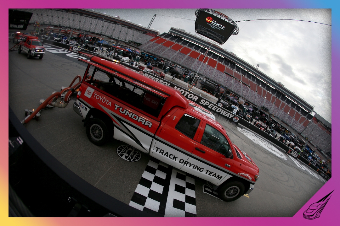 BRISTOL, TENNESSEE - SEPTEMBER 17: The NASCAR Track Drying Team works to dry the track prior to the NASCAR Gander RV & Outdoors Truck Series UNOH 200 presented by Ohio Logistics at Bristol Motor Speedway on September 17, 2020 in Bristol, Tennessee. (Photo by Sean Gardner/Getty Images)