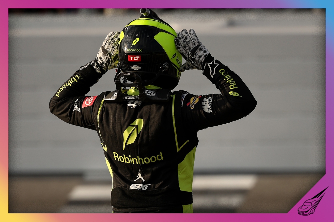 ROCKINGHAM, NORTH CAROLINA - APRIL 03: Corey Heim, driver of the #1 Robinhood Toyota, celebrates after winning the NASCAR Craftsman Truck Series Black's Tire 200 at Rockingham Speedway on April 03, 2026 in Rockingham, North Carolina. (Photo by James Gilbert/Getty Images)