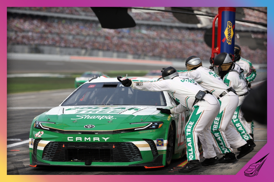 DAYTONA BEACH, FLORIDA - FEBRUARY 15: John H. Nemechek, driver of the #42 Dollar Tree Toyota, pits during the NASCAR Cup Series Daytona 500 at Daytona International Speedway on February 15, 2026 in Daytona Beach, Florida. (Photo by James Gilbert/Getty Images)