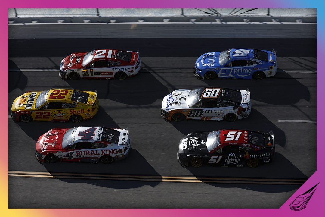 TALLADEGA, ALABAMA - APRIL 27: Noah Gragson, driver of the #4 Rural King Ford, Joey Logano, driver of the #22 Shell Pennzoil Ford, Josh Berry, driver of the #21 Motorcraft/Quick Lane Ford, Cody Ware, driver of the #51 Arby's x AC Barbecue Sauce Ford, Ryan Preece, driver of the #60 Kroger/Celsius Ford, and Chase Elliott, driver of the #9 Amazon Prime Video Chevrolet, race during the NASCAR Cup Series Jack Link's 500 at Talladega Superspeedway on April 27, 2025 in Talladega, Alabama. (Photo by Sean Gardner/Getty Images)