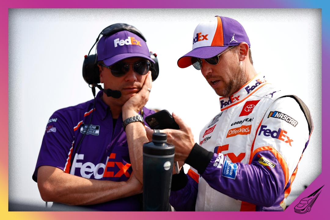 ELKHART LAKE, WISCONSIN - JULY 04: Denny Hamlin, driver of the #11 FedEx Freight Toyota, and crew chief Christopher Gabehart talk on the grid during qualifying for the NASCAR Cup Series Jockey Made in America 250 Presented by Kwik Trip at Road America on July 04, 2021 in Elkhart Lake, Wisconsin. (Photo by Jared C. Tilton/Getty Images)