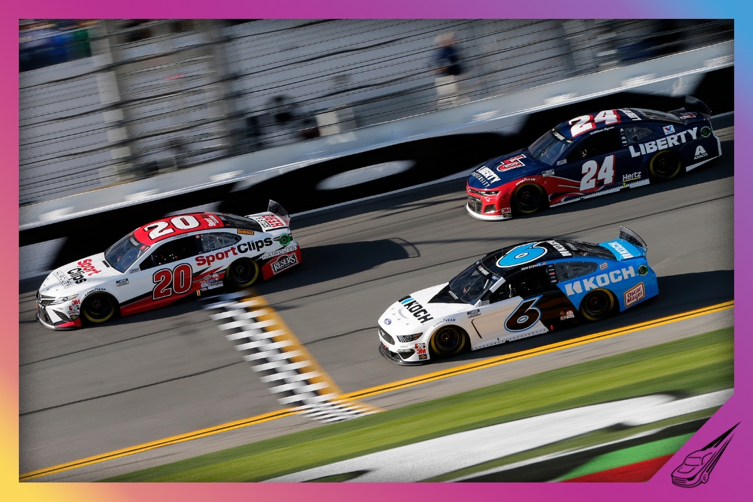 DAYTONA BEACH, FLORIDA - FEBRUARY 09: Erik Jones, driver of the #20 Sport Clips Toyota, leads Ryan Newman, driver of the #6 Koch Industries Ford, and William Byron, driver of the #24 Liberty University Chevrolet, during the NASCAR Cup Series Busch Clash at Daytona International Speedway on February 09, 2020 in Daytona Beach, Florida. (Photo by Brian Lawdermilk/Getty Images)