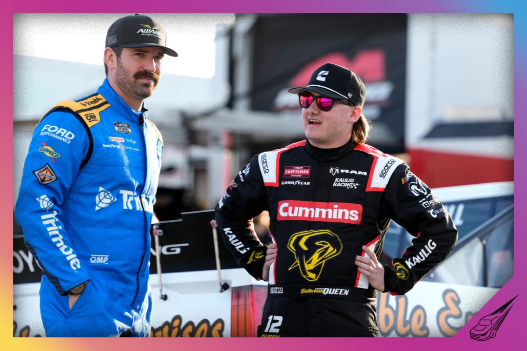 DAYTONA BEACH, FLORIDA - FEBRUARY 12: Corey LaJoie, driver of the #75 Built Chevrolet, (L) and Brenden Queen, driver of the #12 Cummins RAM, talk on the grid during practice for the NASCAR Craftsman Truck Series Fresh from Florida 250 at Daytona International Speedway on February 12, 2026 in Daytona Beach, Florida. (Photo by Patrick McDermott/Getty Images)