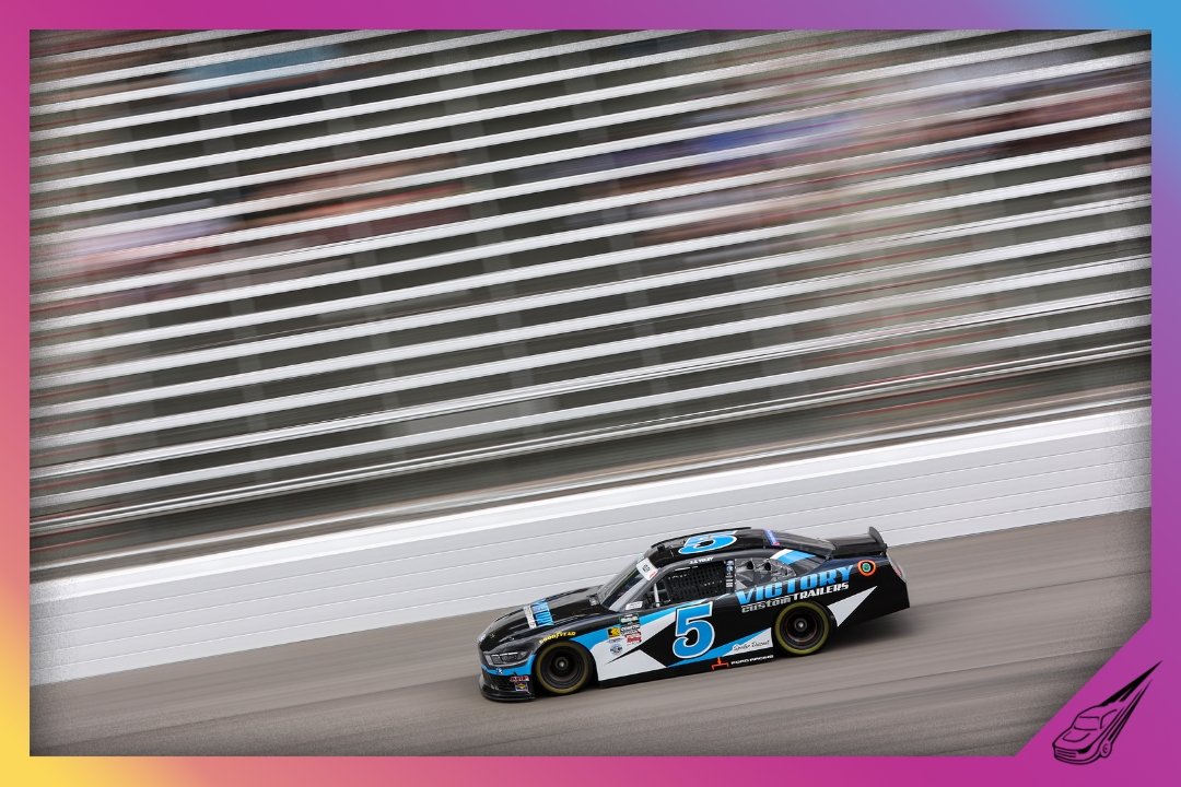 ROCKINGHAM, NORTH CAROLINA - APRIL 03: JJ Yeley, driver of the #5 Victory Custom Trailers Ford, drives during practice for the NASCAR O'Reilly Auto Parts Series North Carolina Education Lottery 250 Presented by Black's Tire at Rockingham Speedway on April 03, 2026 in Rockingham, North Carolina. (Photo by Meg Oliphant/Getty Images)
