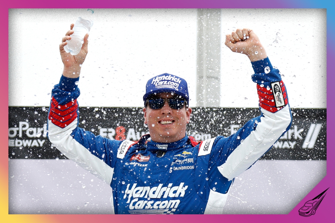 HAMPTON, GEORGIA - FEBRUARY 21: Kyle Busch, driver of the #7 HendrickCars.com Chevrolet, celebrates in victory lane after winning the NASCAR Craftsman Truck Series Fr8 Racing 208 at Echo Park Speedway on February 21, 2026 in Hampton, Georgia. (Photo by Sean Gardner/Getty Images)