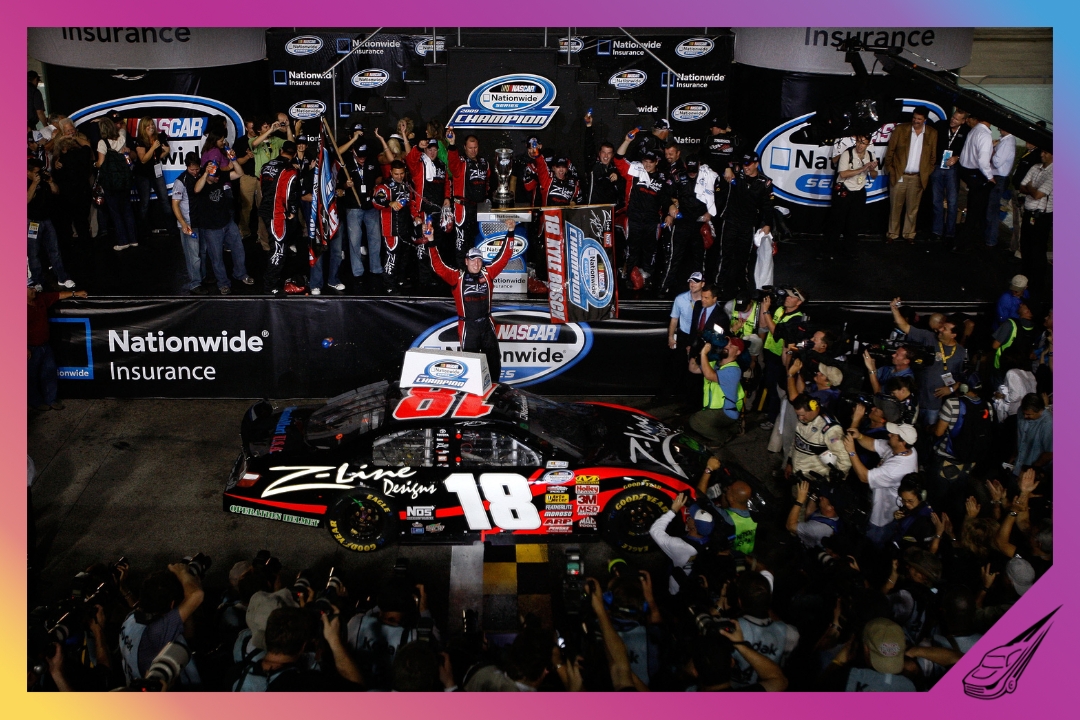 HOMESTEAD, FL - NOVEMBER 21: Kyle Busch, driver of the #18 Z-Line Designs Toyota, celebrates in Victory Lane after winning the NASCAR Nationwide Series Championship and the Ford 300 at Homestead-Miami Speedway on November 21, 2009 in Homestead, Florida. (Photo by Chris Graythen/Getty Images)