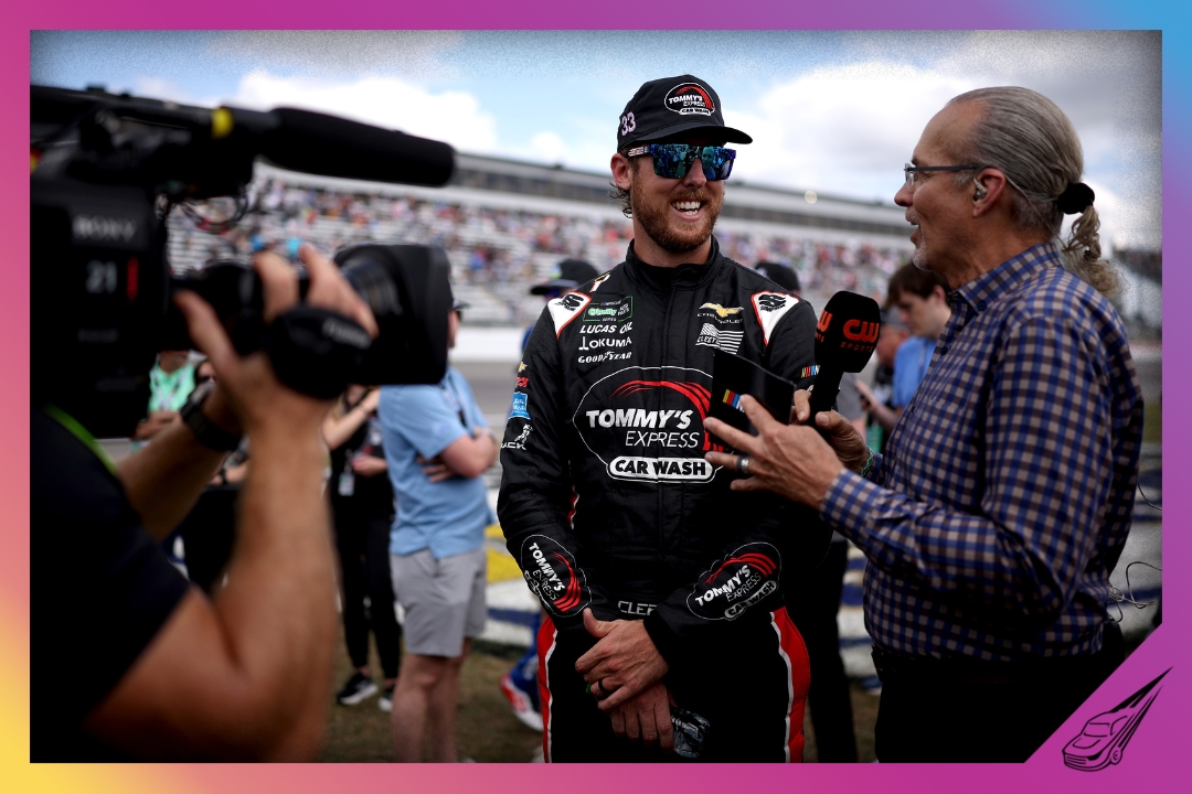 ROCKINGHAM, NORTH CAROLINA - APRIL 04: Cleetus McFarland, driver of the #33 Tommy's Express Car wash Chevrolet, (L) speaks to NASCAR analyst, Kyle Petty on the grid prior to the NASCAR O'Reilly Auto Parts Series North Carolina Education Lottery 250 Presented by Black's Tire at Rockingham Speedway on April 04, 2026 in Rockingham, North Carolina. (Photo by James Gilbert/Getty Images)