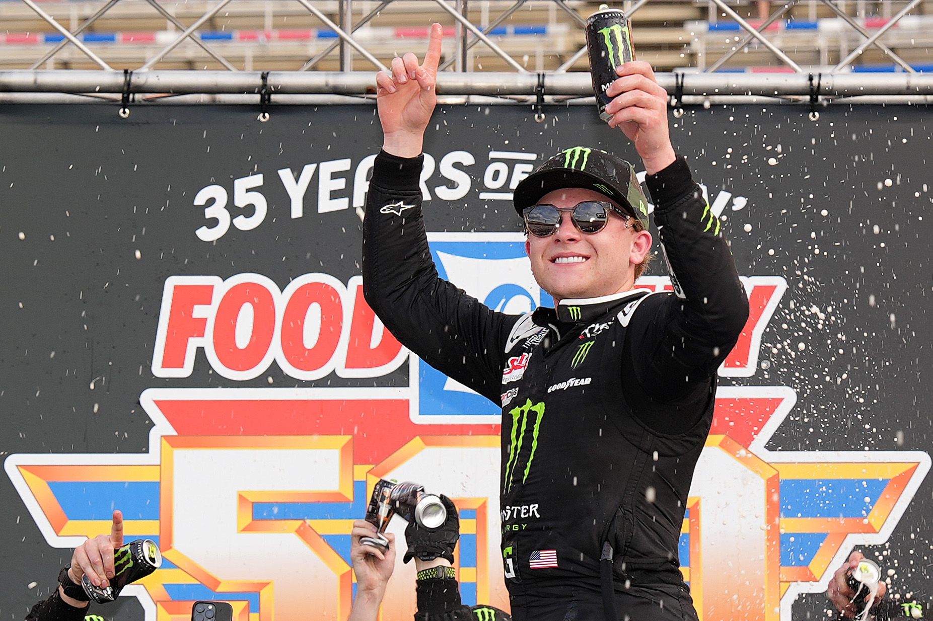 BRISTOL, TENNESSEE - APRIL 12: Ty Gibbs, driver of the #54 Monster Energy Toyota, celebrates in victory lane after winning the NASCAR Cup Series Food City 500 at Bristol Motor Speedway on April 12, 2026 in Bristol, Tennessee.