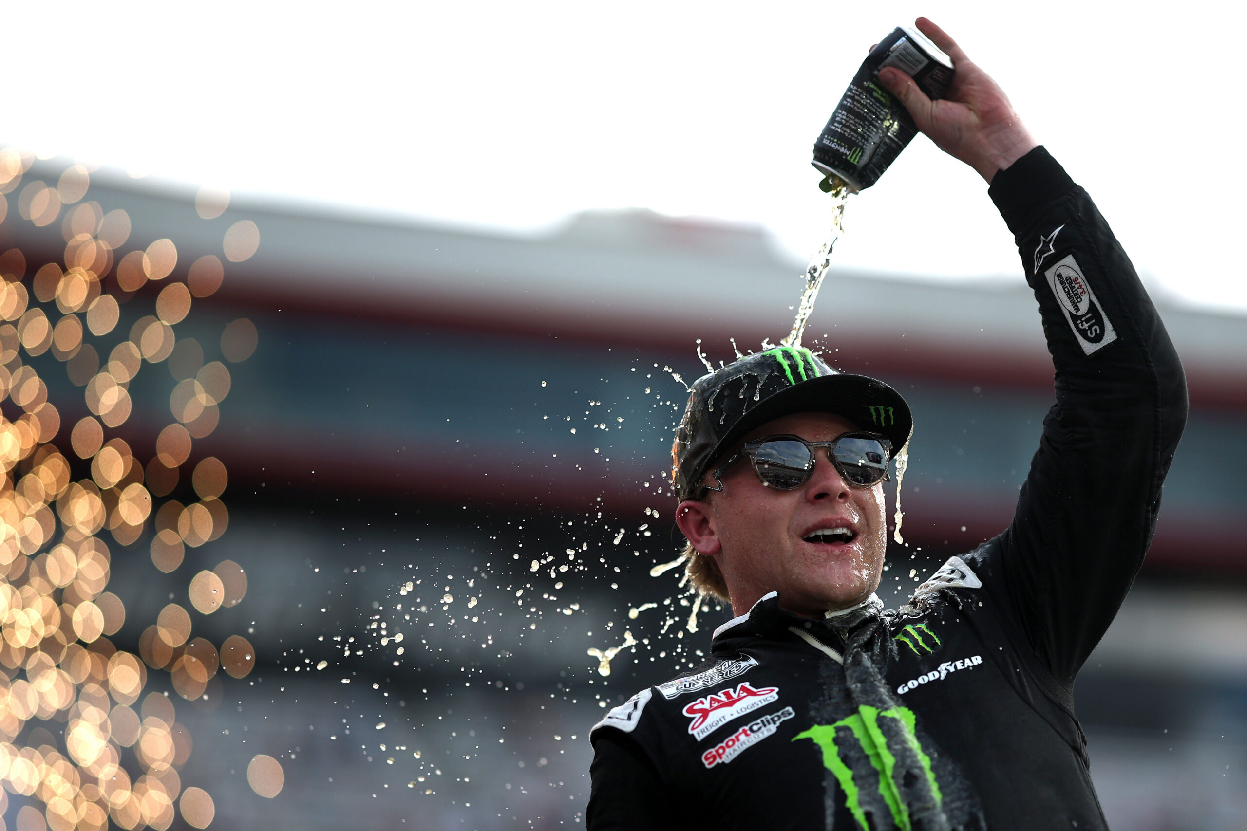 BRISTOL, TENNESSEE - APRIL 12: Ty Gibbs, driver of the #54 Monster Energy Toyota, celebrates in victory lane after winning the NASCAR Cup Series Food City 500 at Bristol Motor Speedway on April 12, 2026 in Bristol, Tennessee.
