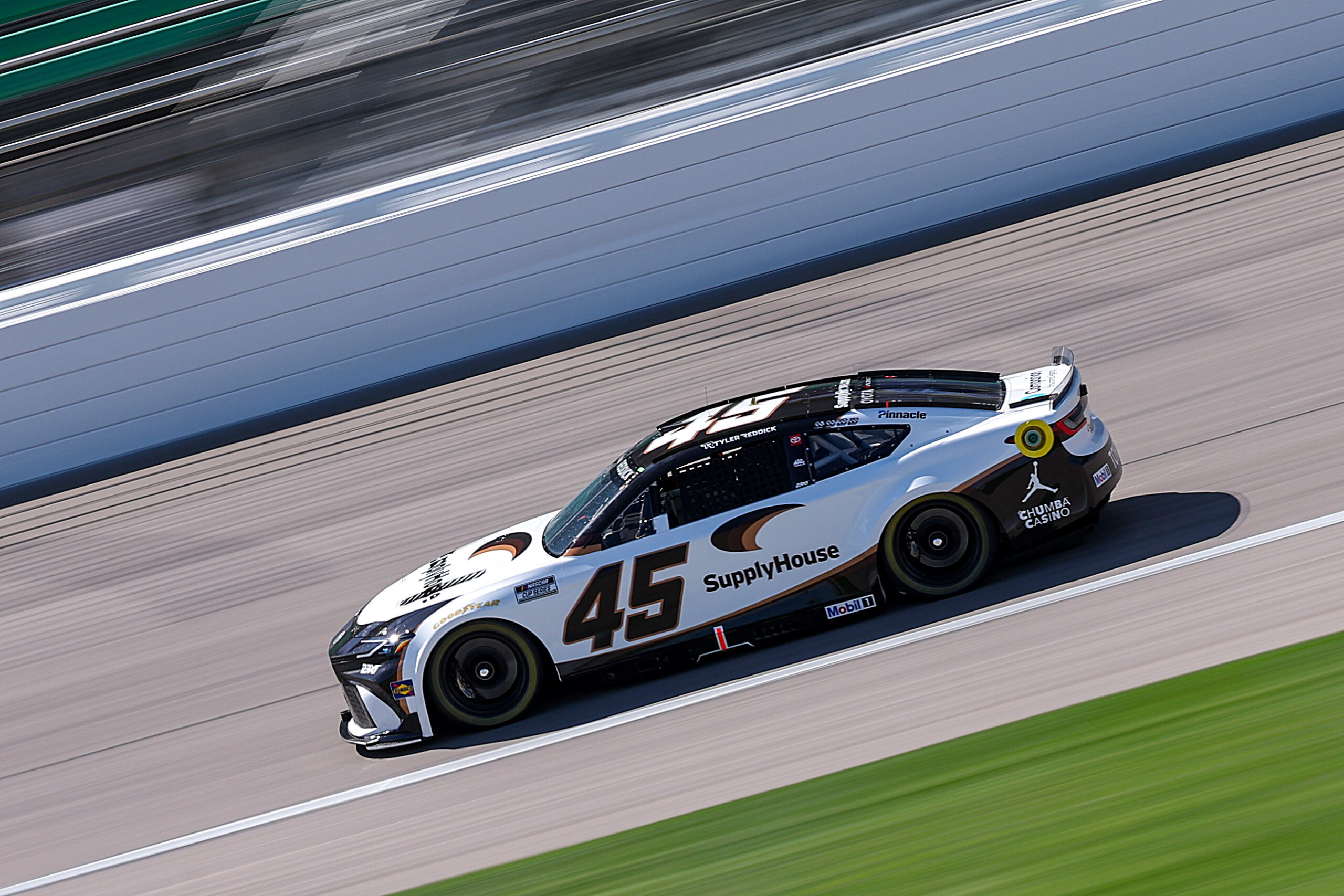 KANSAS CITY, KANSAS - APRIL 18: Tyler Reddick, driver of the #45 Supply House Toyota, drives during practice for the NASCAR Cup Series AdventHealth 400 at Kansas Speedway on April 18, 2026 in Kansas City, Kansas. (Photo by David Jensen/Getty Images)