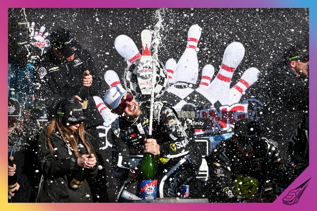 WATKINS GLEN, NEW YORK - MAY 10: Shane Van Gisbergen, driver of the #97 Superfile Chevrolet, and crew spray champagne in victory lane after winning the NASCAR Cup Series Go Bowling at The Glen at Watkins Glen International on May 10, 2026 in Watkins Glen, New York. (Photo by Chris Graythen/Getty Images)