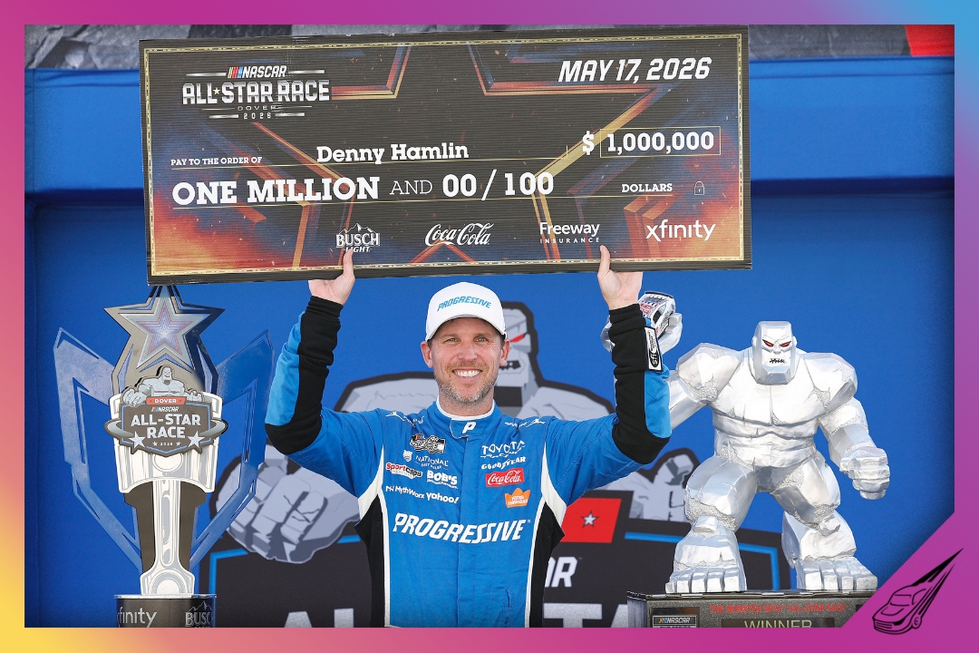 DOVER, DELAWARE - MAY 17: Denny Hamlin, driver of the #11 Progressive Insurance Toyota, poses with the one million dollar check in victory lane after winning the NASCAR Cup Series All-Star Race at Dover Motor Speedway on May 17, 2026 in Dover, Delaware. (Photo by Sean Gardner/Getty Images)
