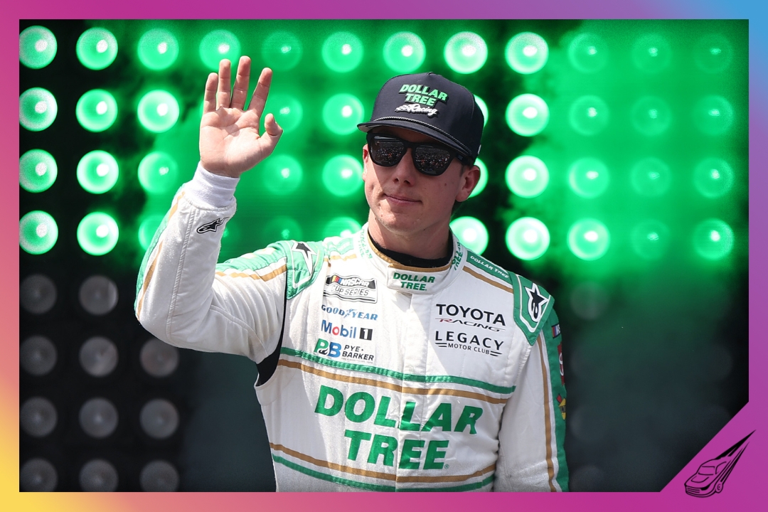DOVER, DELAWARE - MAY 17: John H. Nemechek, driver of the #42 Dollar Tree Toyota, waves to fans as he walks onstage during driver intros prior to the NASCAR Cup Series All-Star Race at Dover Motor Speedway on May 17, 2026 in Dover, Delaware. (Photo by Meg Oliphant/Getty Images)