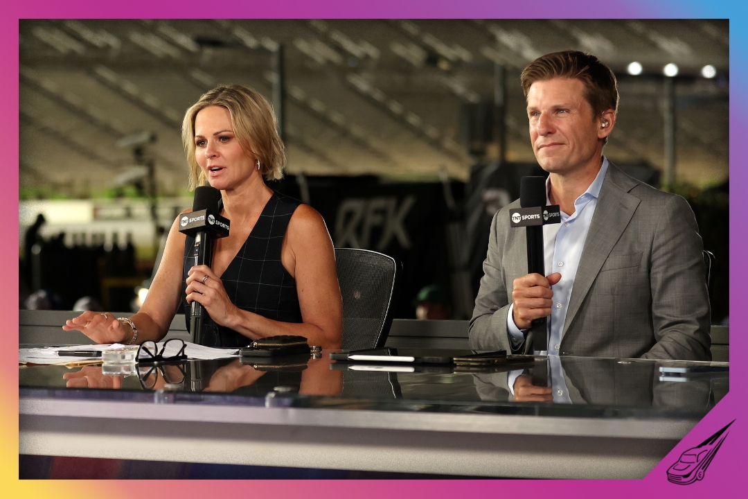 HAMPTON, GEORGIA - JUNE 28: NASCAR host Shannon Spake and analyst Jamie McMurray on the set of NASCAR on TNT Sports after the NASCAR Cup Series Quaker State 400 Available at Walmart at Echo Park Speedway on June 28, 2025 in Hampton, Georgia. (Photo by Krista Jasso/Getty Images)