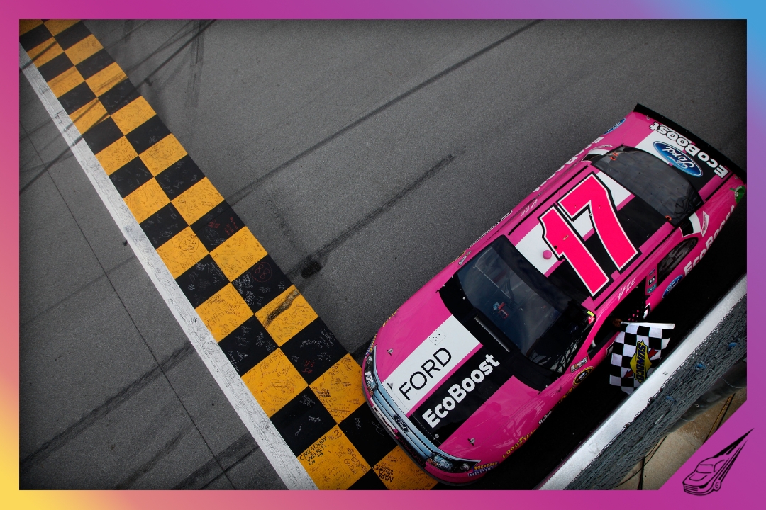 TALLADEGA, AL - OCTOBER 07: Matt Kenseth, driver of the #17 Ford Ecoboost/National Breast Cancer Foundation Ford, celebrates with the checkered flag after winning the NASCAR Sprint Cup Series Good Sam Roadside Assistance 500 at Talladega Superspeedway on October 7, 2012 in Talladega, Alabama. (Photo by Tom Pennington/Getty Images)