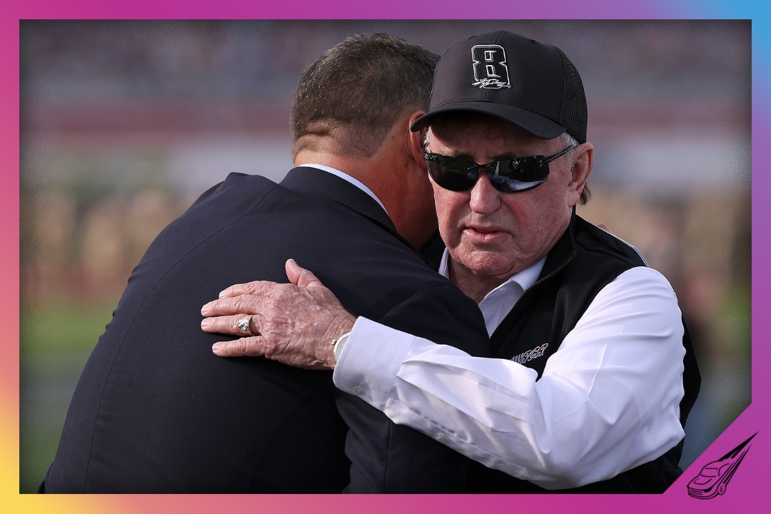 CONCORD, NORTH CAROLINA - MAY 24: NASCAR Hall of Famer and RCR team owner, Richard Childress, (R) and NASCAR Chief Executive Officer Steve O’Donnell embrace on the grid during the remembrance ceremony for Kyle Busch, who passed away suddenly at the age of 41, prior to the NASCAR Cup Series Coca-Cola 600 at Charlotte Motor Speedway on May 24, 2026 in Concord, North Carolina. (Photo by David Jensen/Getty Images)