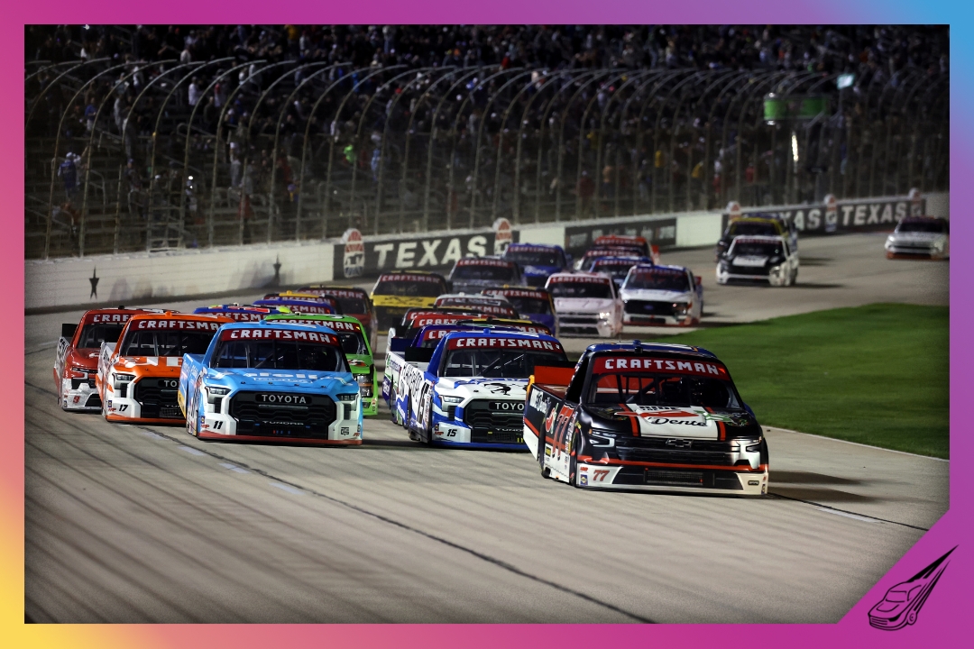 FORT WORTH, TEXAS - MAY 01: Carson Hocevar, driver of the #77 Chili's Ride the ' Dente Chevrolet, leads during the NASCAR Craftsman Truck Series SpeedyCash.com 250 at Texas Motor Speedway on May 01, 2026 in Fort Worth, Texas. (Photo by James Gilbert/Getty Images)