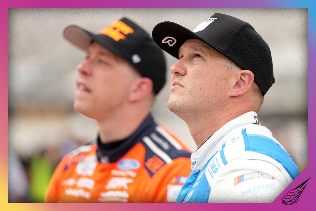 BRISTOL, TENNESSEE - APRIL 11: Ryan Preece, driver of the #60 Kroger/Muscle Milk Ford, (L) and Brad Keselowski, driver of the #6 Consumer Cellular Ford, look on during qualifying for the NASCAR Cup Series Food City 500 at Bristol Motor Speedway on April 11, 2026 in Bristol, Tennessee. (Photo by Matt Kelley/Getty Images)