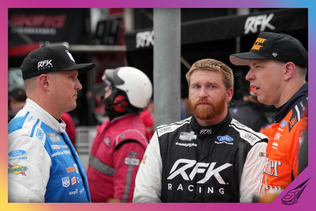 BRISTOL, TENNESSEE - APRIL 11: (L-R) Ryan Preece, driver of the #60 Kroger/Muscle Milk Ford, Chris Buescher, driver of the #17 Trimble Ford, and Brad Keselowski, driver of the #6 Consumer Cellular Ford, talk on the grid during qualifying for the NASCAR Cup Series Food City 500 at Bristol Motor Speedway on April 11, 2026 in Bristol, Tennessee. (Photo by Matt Kelley/Getty Images)