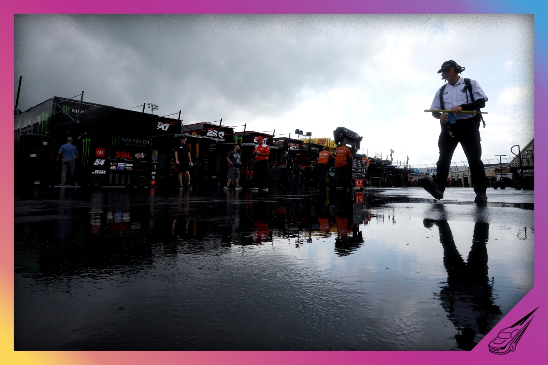 DOVER, DELAWARE - JULY 19: A general view of the garage area during a weather delay of practice for the NASCAR Cup Series AutoTrader EchoPark Automotive 400 at Dover Motor Speedway on July 19, 2025 in Dover, Delaware. (Photo by Sean Gardner/Getty Images)