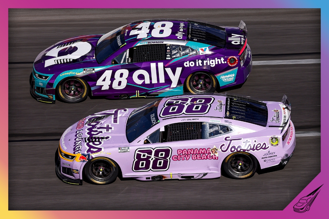 HAMPTON, GEORGIA - FEBRUARY 22: Connor Zilisch, driver of the #88 Tootsie's Chevrolet, and Alex Bowman, driver of the #48 Ally Chevrolet, race during the NASCAR Cup Series Autotrader 400 at Echo Park Speedway on February 22, 2026 in Hampton, Georgia. (Photo by Sean Gardner/Getty Images)
