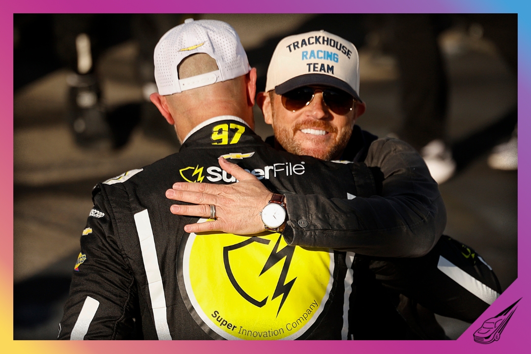 WATKINS GLEN, NEW YORK - MAY 10: Trackhouse Racing owner, Justin Marks congratulates Shane Van Gisbergen, driver of the #97 Superfile Chevrolet, for winning the NASCAR Cup Series Go Bowling at The Glen at Watkins Glen International on May 10, 2026 in Watkins Glen, New York. (Photo by Sean Gardner/Getty Images)