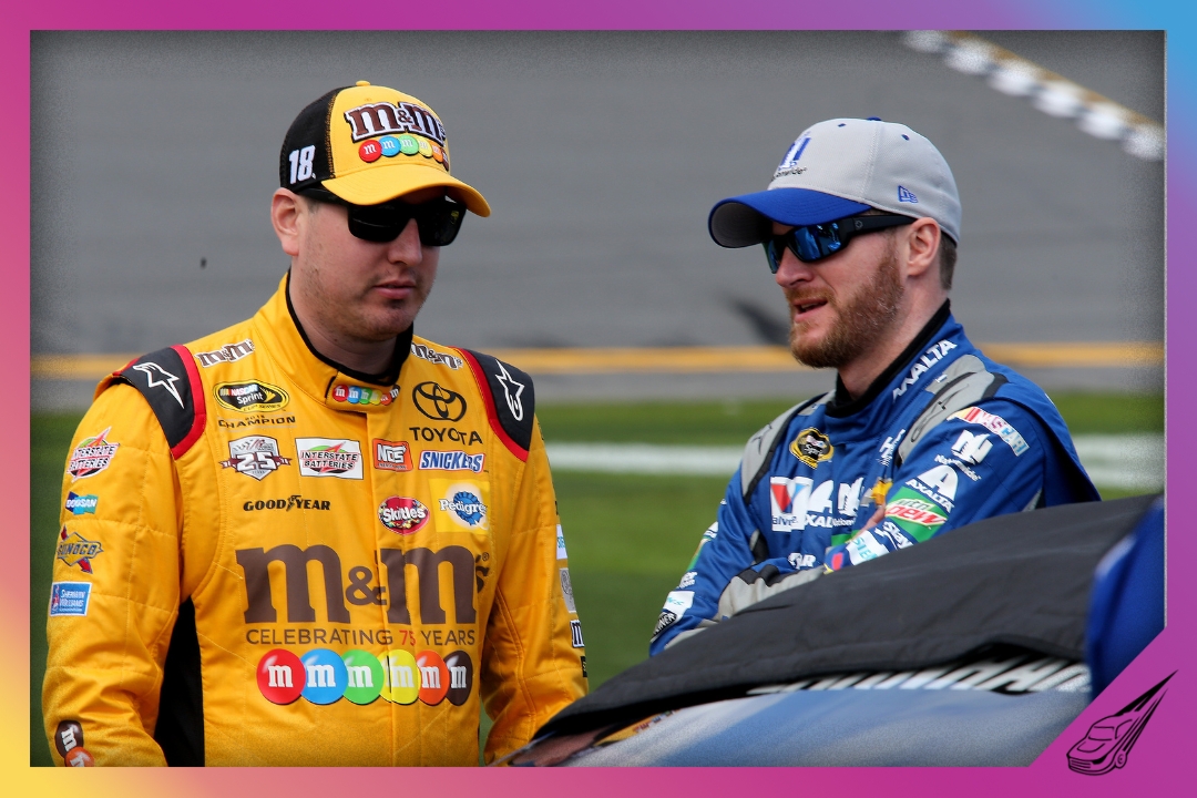 DAYTONA BEACH, FL - FEBRUARY 14: Kyle Busch, driver of the #18 M&M's 75 Toyota, talks with Dale Earnhardt Jr., driver of the #88 Nationwide Chevrolet, on the grid during qualifying for the NASCAR Sprint Cup Series Daytona 500 at Daytona International Speedway on February 14, 2016 in Daytona Beach, Florida. (Photo by Jerry Markland/Getty Images)