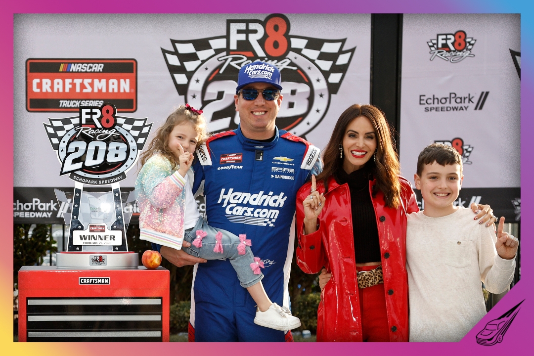 HAMPTON, GEORGIA - FEBRUARY 21: Kyle Busch, driver of the #7 HendrickCars.com Chevrolet, celebrates with daughter, Lennix Busch son, Brexton Busch and wife, Samantha Busch in victory lane after winning the NASCAR Craftsman Truck Series Fr8 Racing 208 at Echo Park Speedway on February 21, 2026 in Hampton, Georgia. (Photo by Sean Gardner/Getty Images)