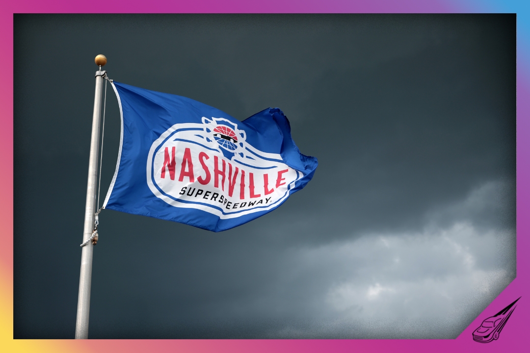 LEBANON, TENNESSEE - JUNE 30: A general view of the Nashville Superspeedway flag during a weather delay in the NASCAR Cup Series Ally 400 at Nashville Superspeedway on June 30, 2024 in Lebanon, Tennessee. (Photo by James Gilbert/Getty Images)