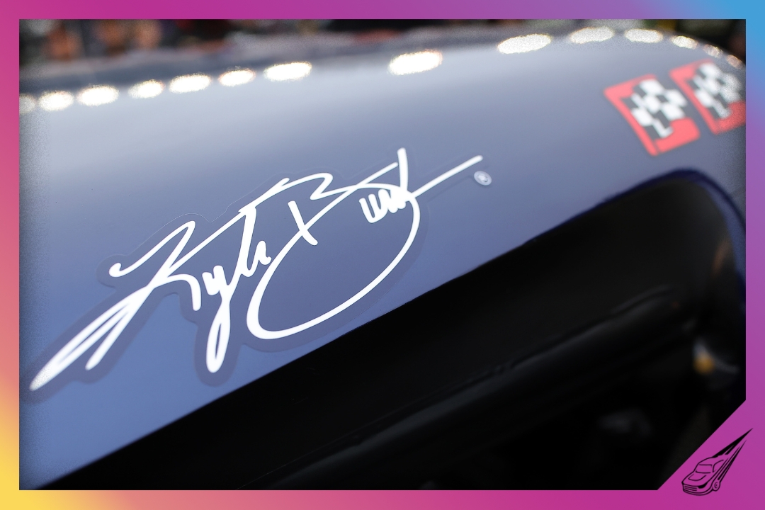 CONCORD, NORTH CAROLINA - MAY 22: A detail view of Kyle Busch's signature on the #7 HendrickCars.com Chevrolet, driven by Corey Day prior to the NASCAR Craftsman Truck Series North Carolina Education Lottery 200 at Charlotte Motor Speedway on May 22, 2026 in Concord, North Carolina. (Photo by Jonathan Bachman/Getty Images)