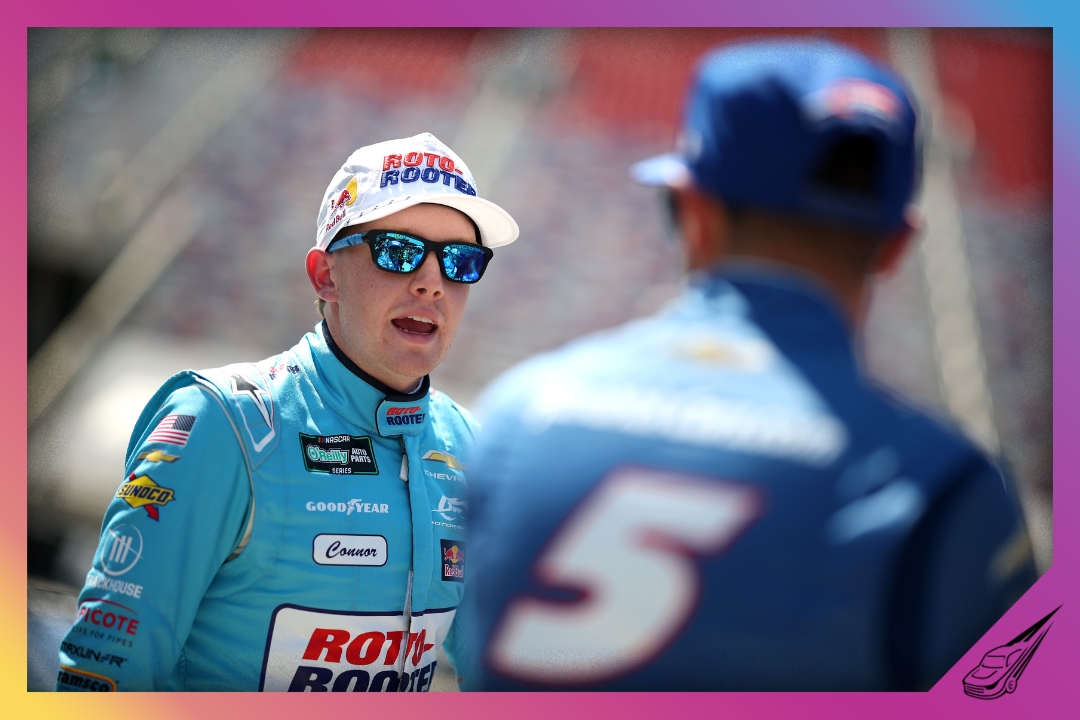 BRISTOL, TENNESSEE - APRIL 11: Connor Zilisch, driver of the #1 Roto-Rooter Chevrolet, (L) speaks to Kyle Larson, driver of the #88 HendrickCars.com Chevrolet, on the grid during practice for the NASCAR O'Reilly Auto Parts Series Suburban Propane 300 at Bristol Motor Speedway on April 11, 2026 in Bristol, Tennessee. (Photo by Chris Graythen/Getty Images)