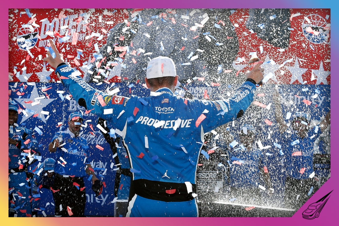 DOVER, DELAWARE - MAY 17: Denny Hamlin, driver of the #11 Progressive Insurance Toyota, celebrates in victory lane after winning the NASCAR Cup Series All-Star Race at Dover Motor Speedway on May 17, 2026 in Dover, Delaware. (Photo by Sean Gardner/Getty Images)