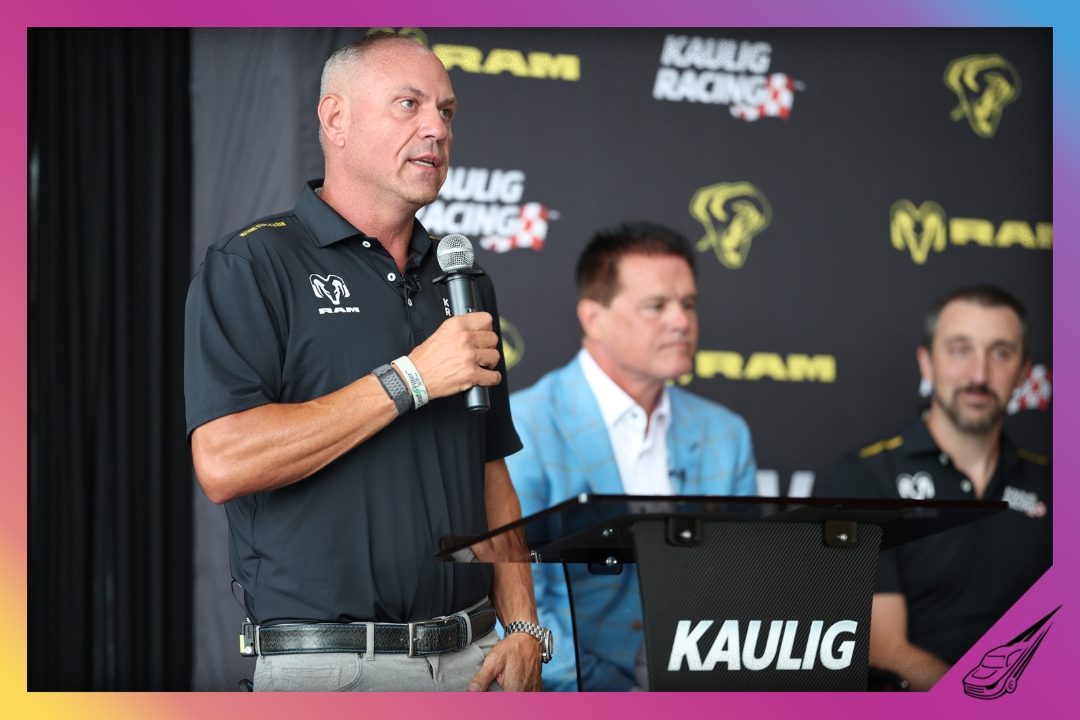 DAYTONA BEACH, FLORIDA - AUGUST 23: Kaulig Racing Team President Chris Rice speaks during a press conference to announce a partnership between Kaulig Racing and Ram for the 2026 season at the Daytona Dodge Chrysler Jeep Ram dealership prior to the NASCAR Cup Series Coke Zero Sugar 400 at Daytona International Speedway on August 23, 2025 in Daytona Beach, Florida. (Photo by James Gilbert/Getty Images)