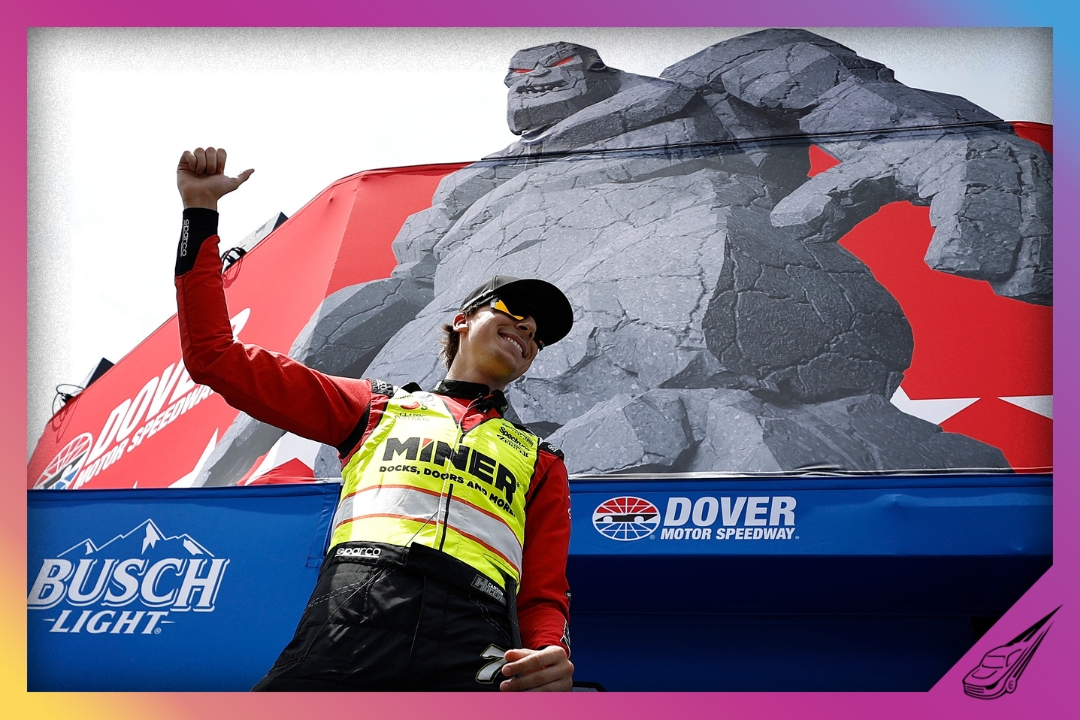 DOVER, DELAWARE - MAY 17: Carson Hocevar, driver of the #77 Miner Docks Doors and More Chevrolet, gives a thumbs up to fans as he walks onstage during driver intros prior to the NASCAR Cup Series All-Star Race at Dover Motor Speedway on May 17, 2026 in Dover, Delaware. (Photo by Sean Gardner/Getty Images)