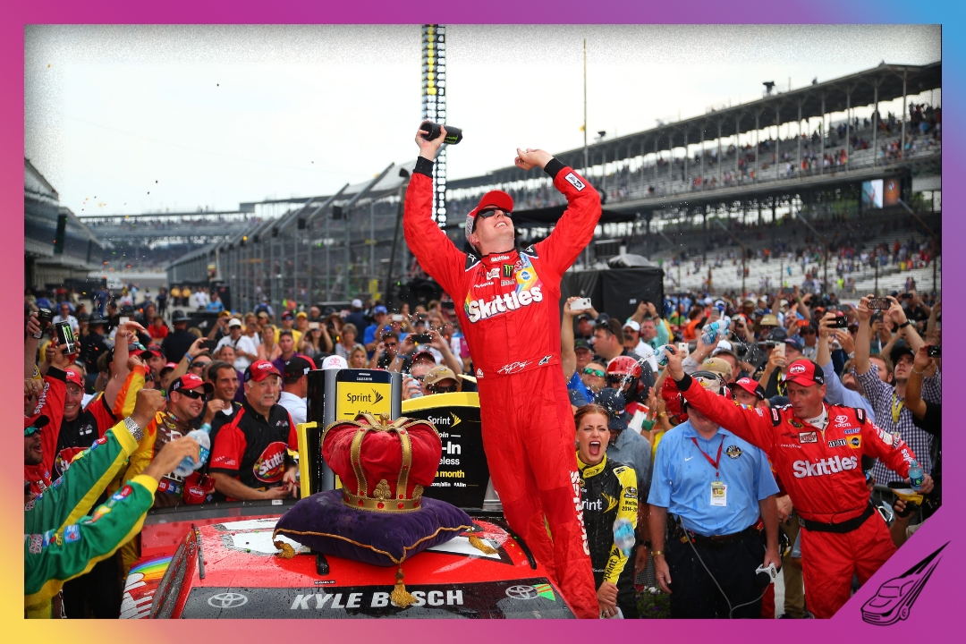 INDIANAPOLIS, IN - JULY 26: Kyle Busch, driver of the #18 Skittles Toyota, celebrates in Victory Lane after winning the NASCAR Sprint Cup Series Crown Royal Presents the Jeff Kyle 400 at the Brickyard at Indianapolis Motor Speedway on July 26, 2015 in Indianapolis, Indiana. (Photo by Matt Sullivan/Getty Images)