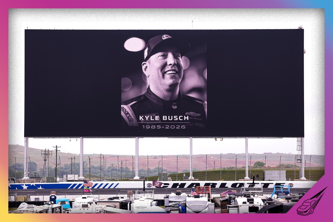CONCORD, NORTH CAROLINA - MAY 22: Signage is seen honoring the late Kyle Busch ahead of practice for the NASCAR Craftsman Truck Series North Carolina Education Lottery 200 at Charlotte Motor Speedway on May 22, 2026 in Concord, North Carolina. (Photo by David Jensen/Getty Images)
