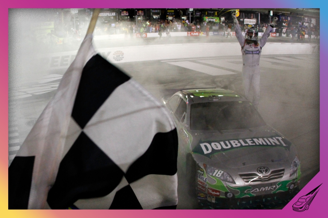 BRISTOL, TN - AUGUST 21: Kyle Busch, driver of the #18 Doublemint Toyota, celebrates after winning the NASCAR Sprint Cup Series IRWIN Tools Night Race at Bristol Motor Speedway on August 21, 2010 in Bristol, Tennessee. (Photo by Jason Smith/Getty Images)