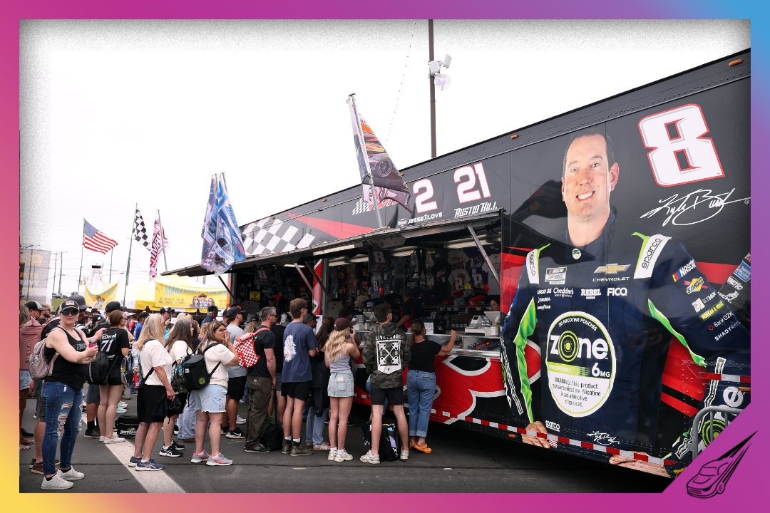 CONCORD, NORTH CAROLINA - MAY 24: A general view of fans at the Kyle Busch (RCR) merchandise hauler on the midway prior to the NASCAR Cup Series Coca-Cola 600 at Charlotte Motor Speedway on May 24, 2026 in Concord, North Carolina. (Photo by David Jensen/Getty Images)