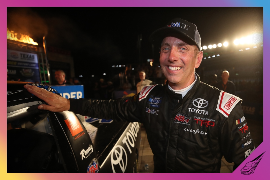 FORT WORTH, TEXAS - JUNE 07: Greg Biffle, driver of the #51 Toyota Toyota, celebrates in Victory Lane by putting the Winner's Sticker on his car after winning the NASCAR Gander Outdoors Truck Series SpeedyCash.com 400 at Texas Motor Speedway on June 07, 2019 in Fort Worth, Texas. (Photo by Chris Graythen/Getty Images)